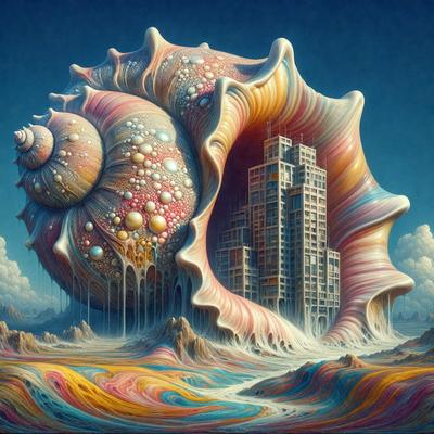 The primary subject of the image is a large, colorful, and intricately designed shell. The shell is open, revealing a vibrant and artistic interior. The setting is a beach, with the shell prominently placed on the sand. The visual style of the image is a combination of digital art and illustration, creating a unique and captivating scene. The colors and mood of the image are lively and cheerful, with a focus on the vibrant colors of the shell and its interior.